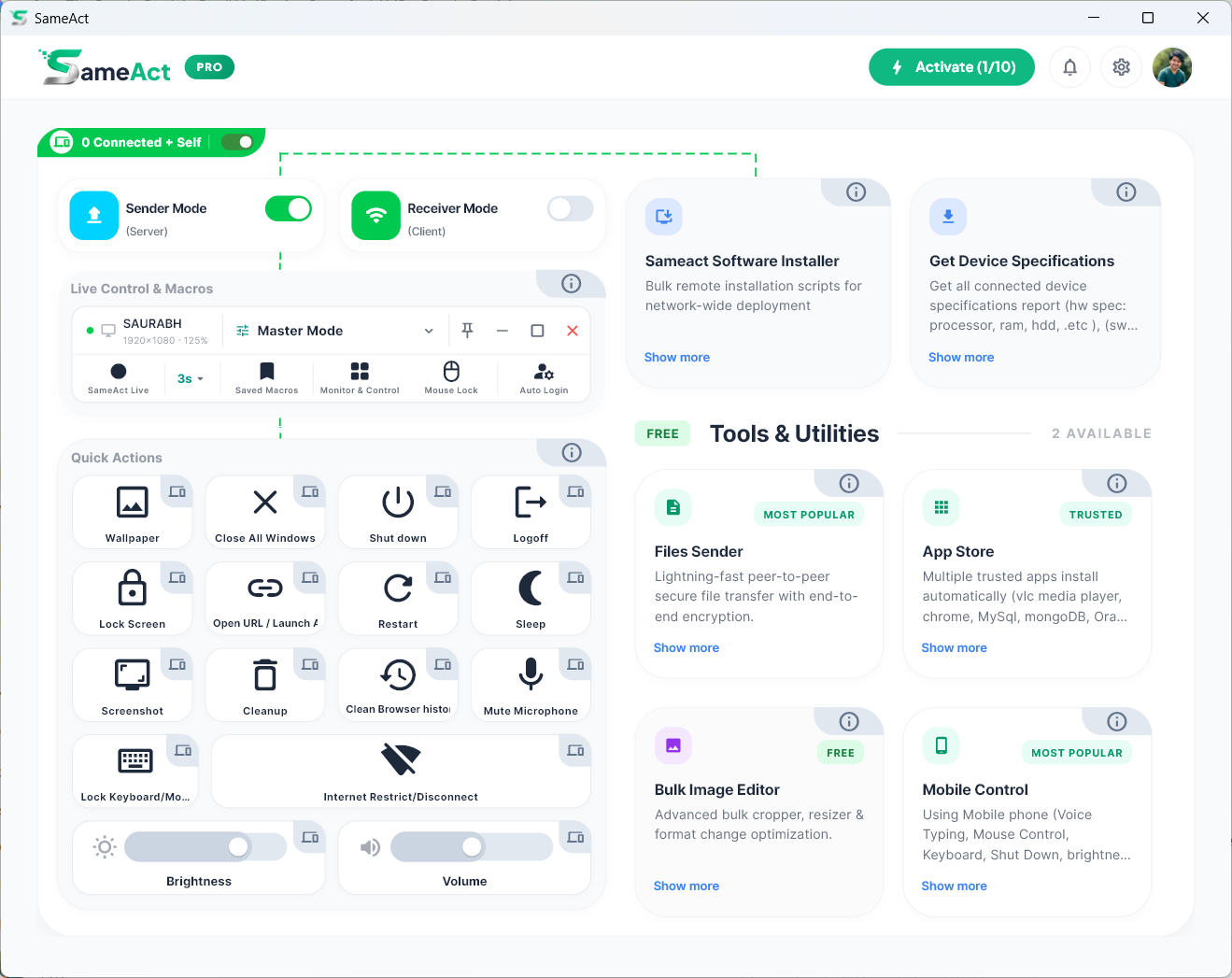 SameAct Dashboard — remote control panel showing connected PCs, action buttons, and live monitoring